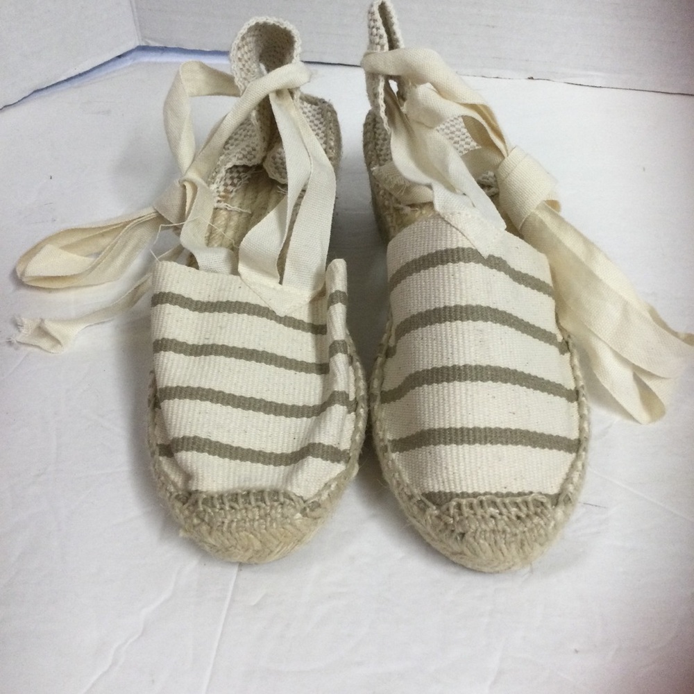 Striped Lace-Up Espadrilles with heel Cream/Beige Sz 37